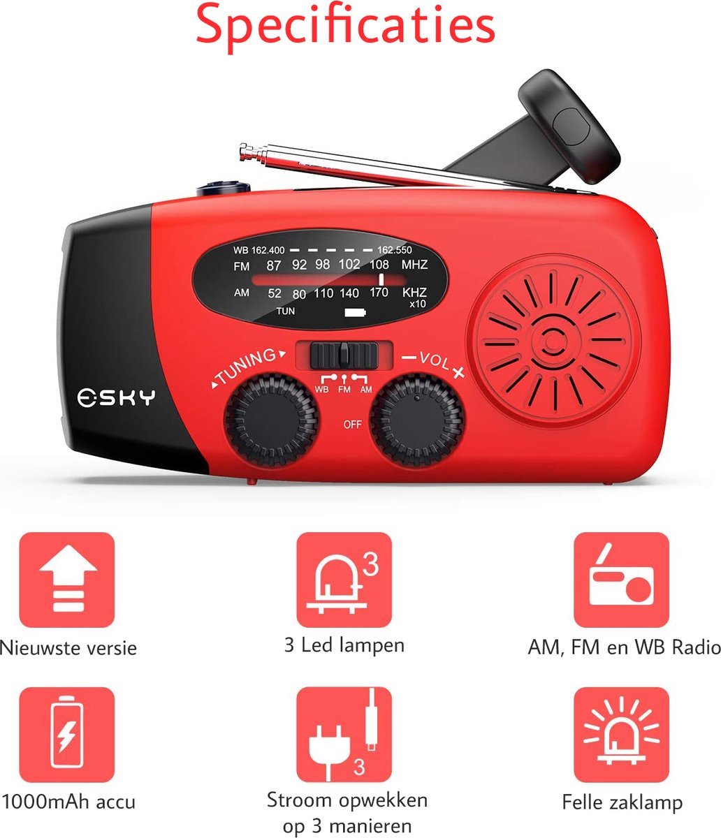 Noodradio met Zaklamp en Powerbank – Zonnepaneel, Zwengel en USB-Opladen – 2025 Model