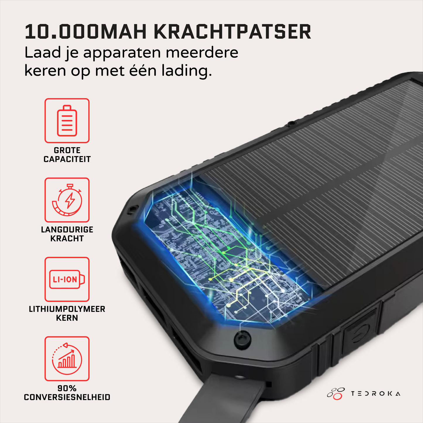 10.000 mAh Zonne-Energie Powerbank – Draadloos Opladen, Quick Charge, Waterbestendig en Zaklamp