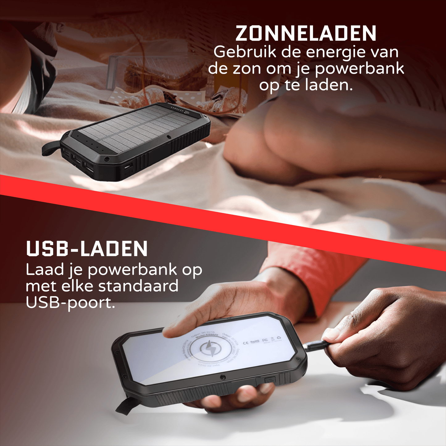 10.000 mAh Zonne-Energie Powerbank – Draadloos Opladen, Quick Charge, Waterbestendig en Zaklamp