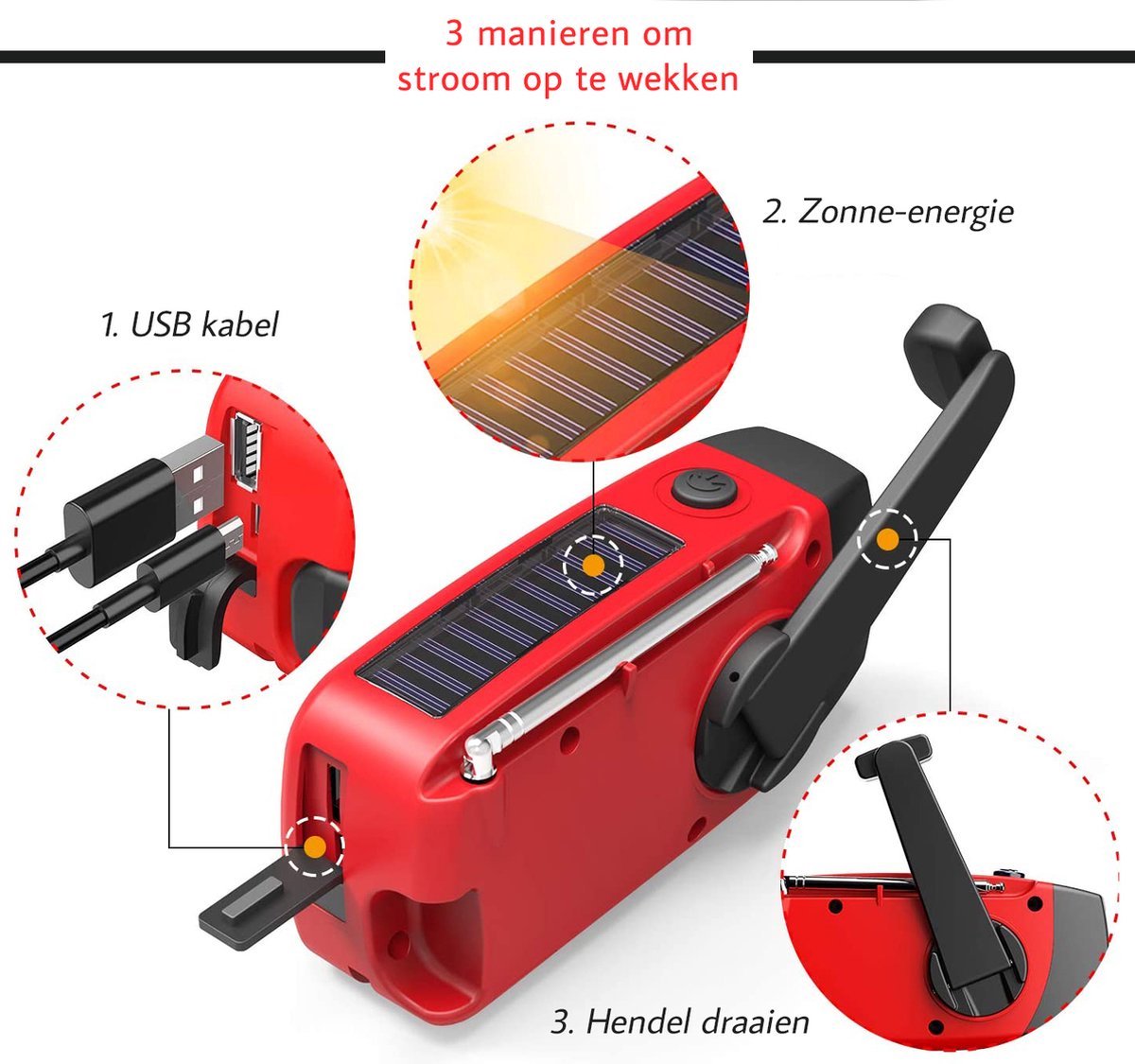 Noodradio met Zaklamp en Powerbank – Zonnepaneel, Zwengel en USB-Opladen – 2025 Model