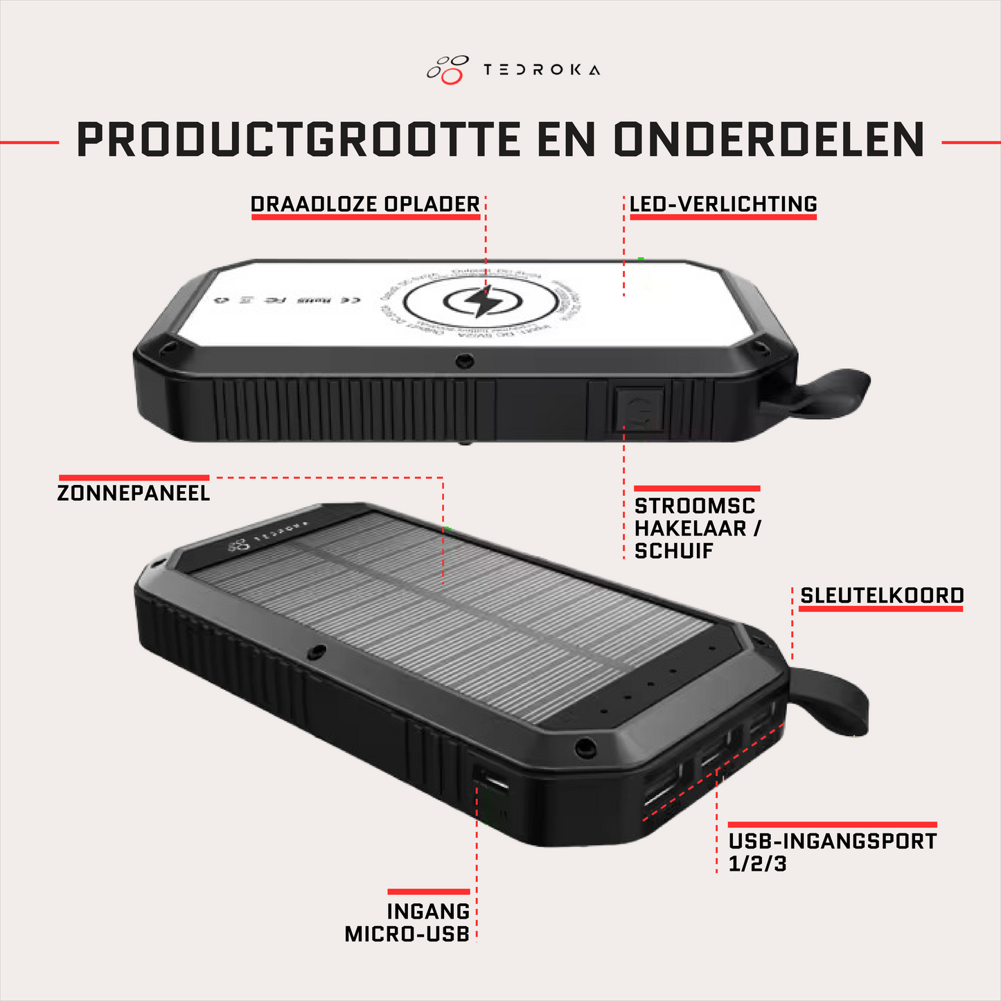 10.000 mAh Zonne-Energie Powerbank – Draadloos Opladen, Quick Charge, Waterbestendig en Zaklamp