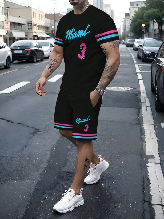 🔥 2-delige Set Miami Print Heren Outfit – T-shirt & Shorts | Sportief & Casual 🔥