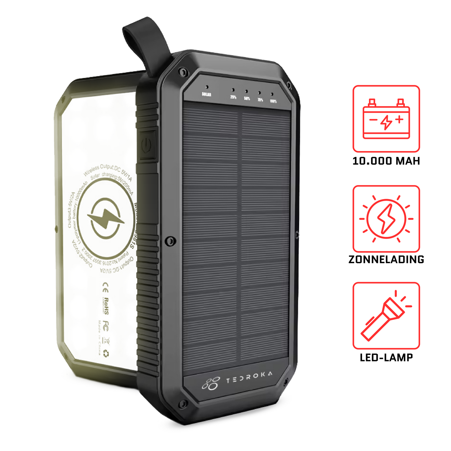 10.000 mAh Zonne-Energie Powerbank – Draadloos Opladen, Quick Charge, Waterbestendig en Zaklamp