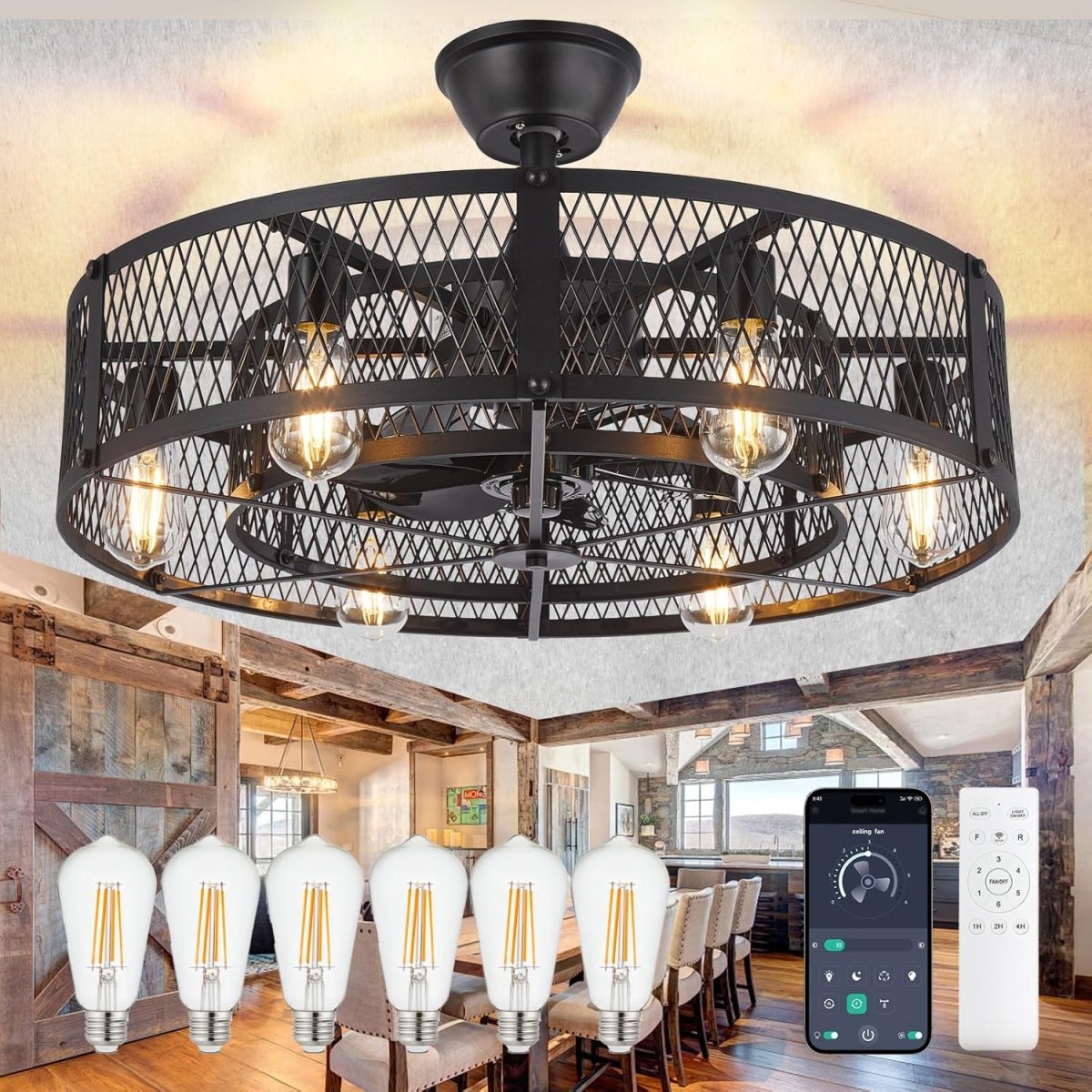 Industriële Plafondventilator met Lamp – 26” – Mat Zwart – Kooi-Design – 6 Snelheden – Stille DC Motor – Afstandsbediening
