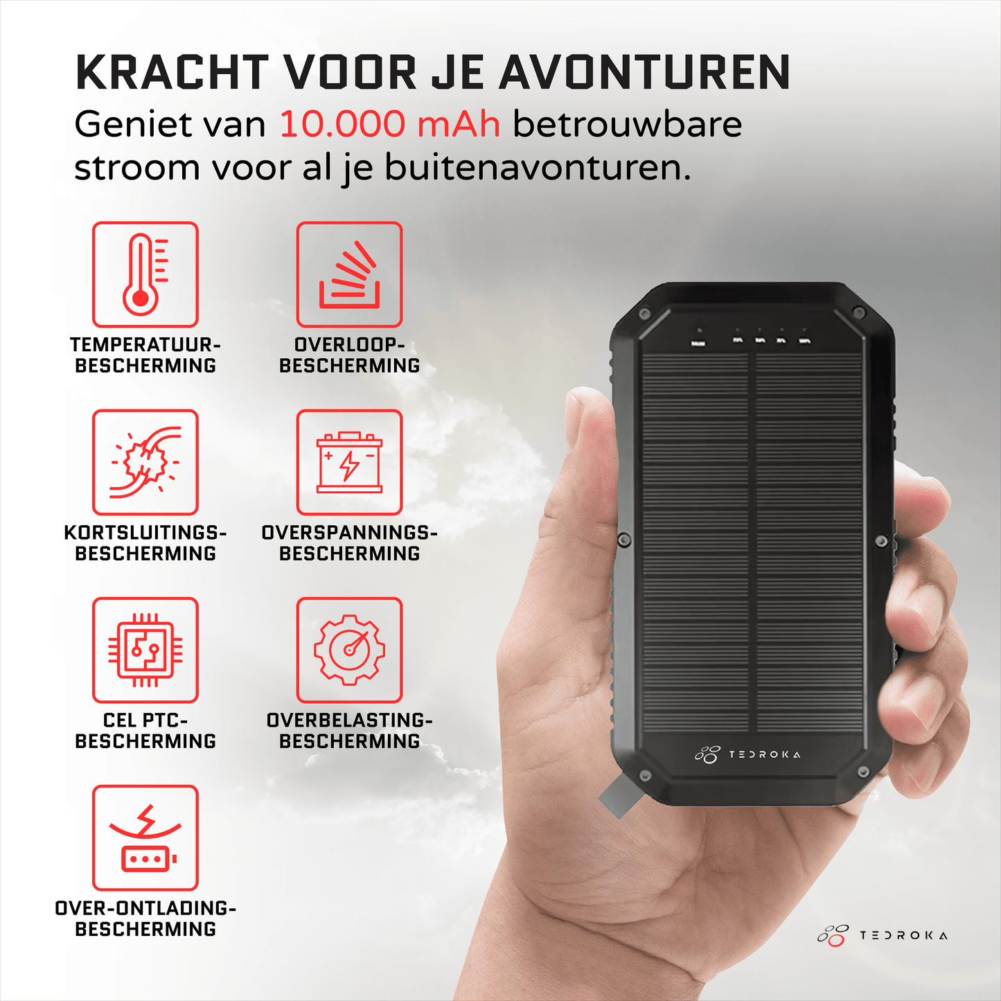 10.000 mAh Zonne-Energie Powerbank – Draadloos Opladen, Quick Charge, Waterbestendig en Zaklamp
