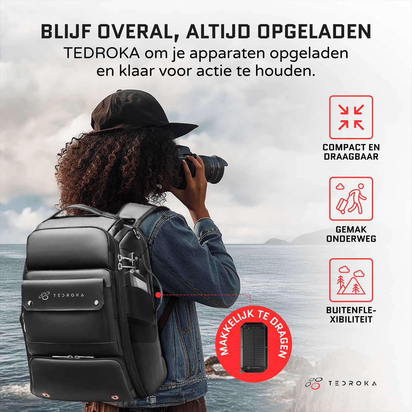 10.000 mAh Zonne-Energie Powerbank – Draadloos Opladen, Quick Charge, Waterbestendig en Zaklamp