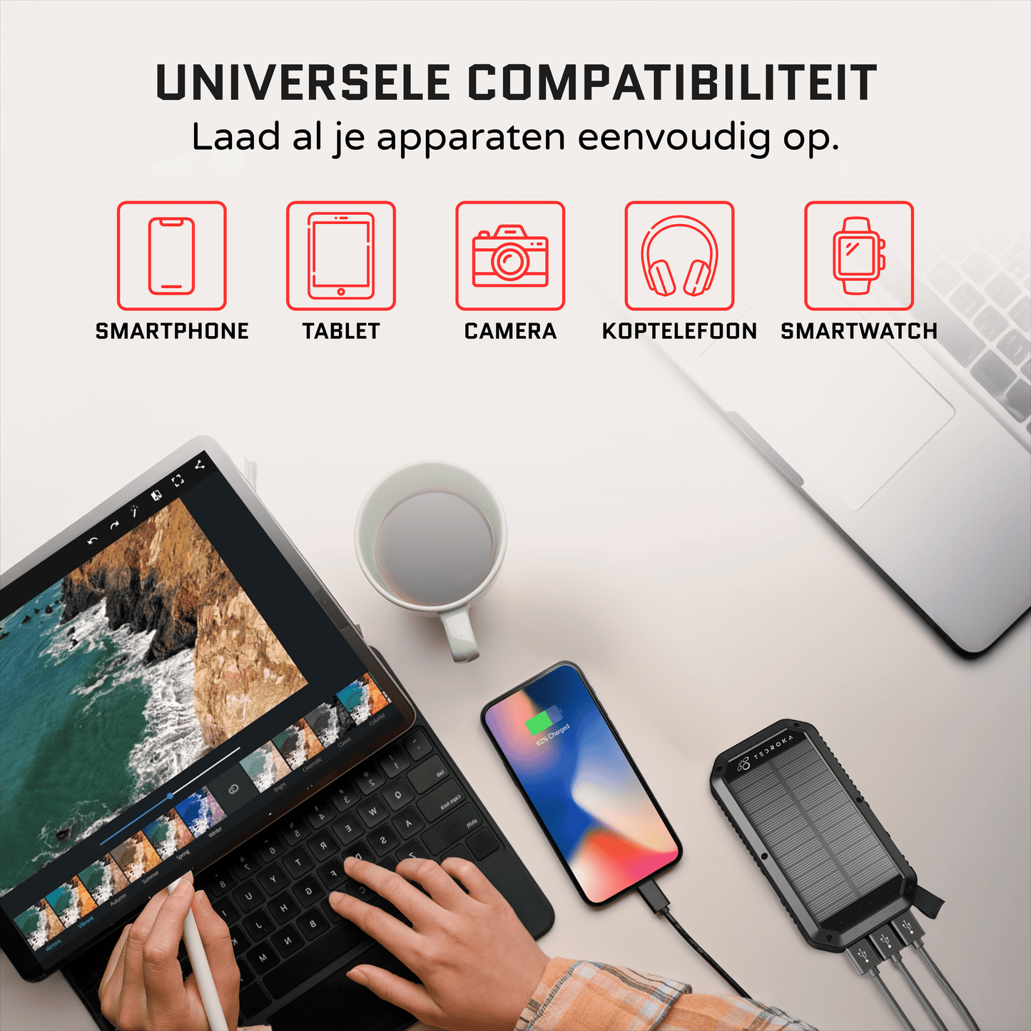 10.000 mAh Zonne-Energie Powerbank – Draadloos Opladen, Quick Charge, Waterbestendig en Zaklamp