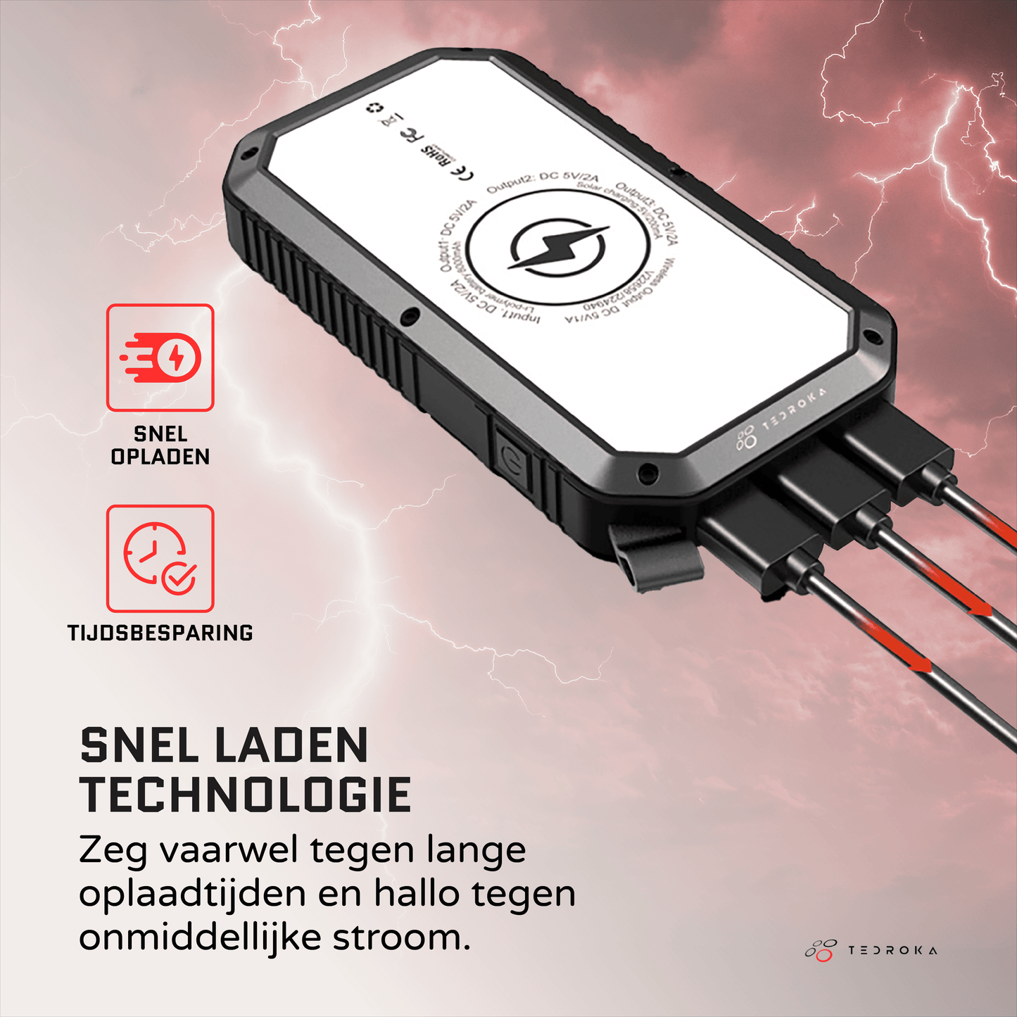10.000 mAh Zonne-Energie Powerbank – Draadloos Opladen, Quick Charge, Waterbestendig en Zaklamp