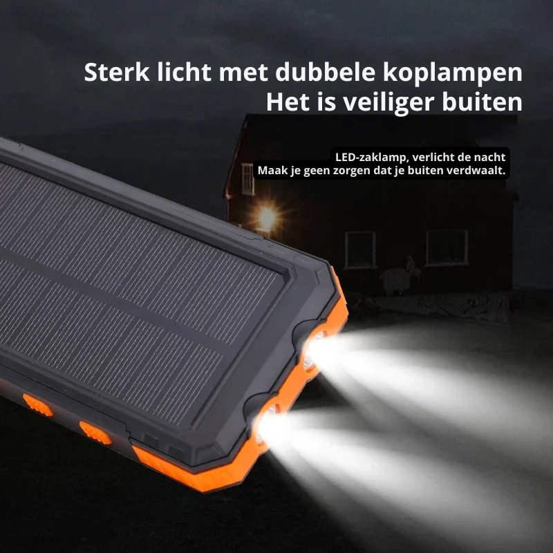 Draagbare Zonne-Energie Powerbank met Snellaadfunctie – 120W – USB-A, USB-C & Lightning – Zaklamp – Digitale Display