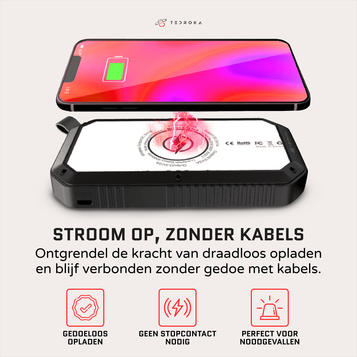 10.000 mAh Zonne-Energie Powerbank – Draadloos Opladen, Quick Charge, Waterbestendig en Zaklamp