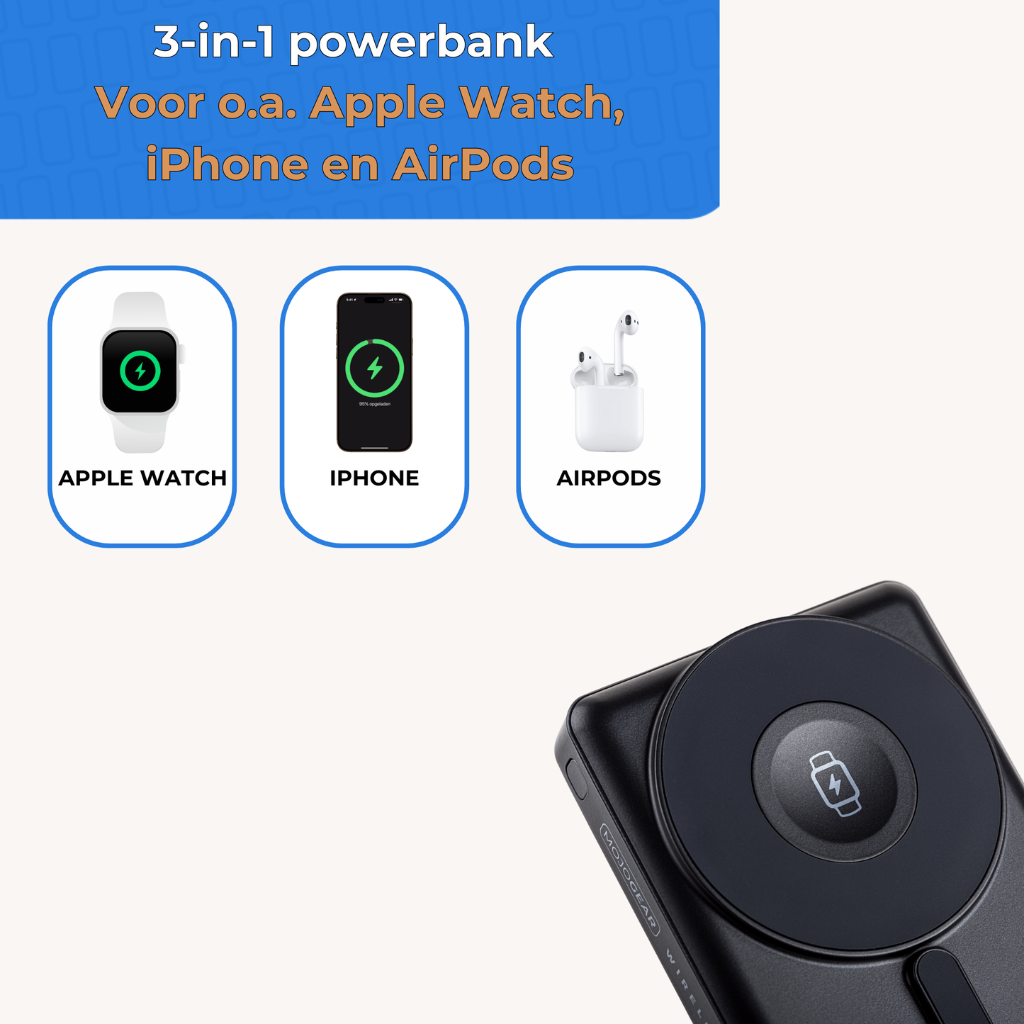3-in-1 Draadloze MagSafe Powerbank 10.000 mAh – Voor Smartphone, Smartwatch en Oordopjes