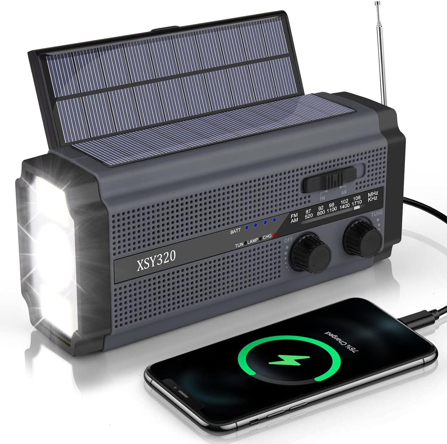 Noodradio met 5.000 mAh Powerbank – Zonne-Energie, Handslinger, Zaklamp en AM/FM Radio – Compact en Draagbaar