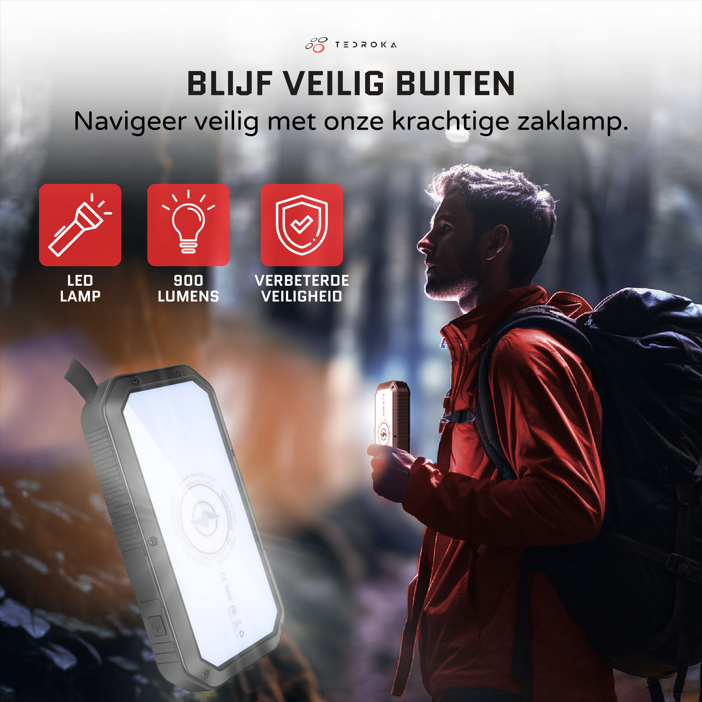 10.000 mAh Zonne-Energie Powerbank – Draadloos Opladen, Quick Charge, Waterbestendig en Zaklamp