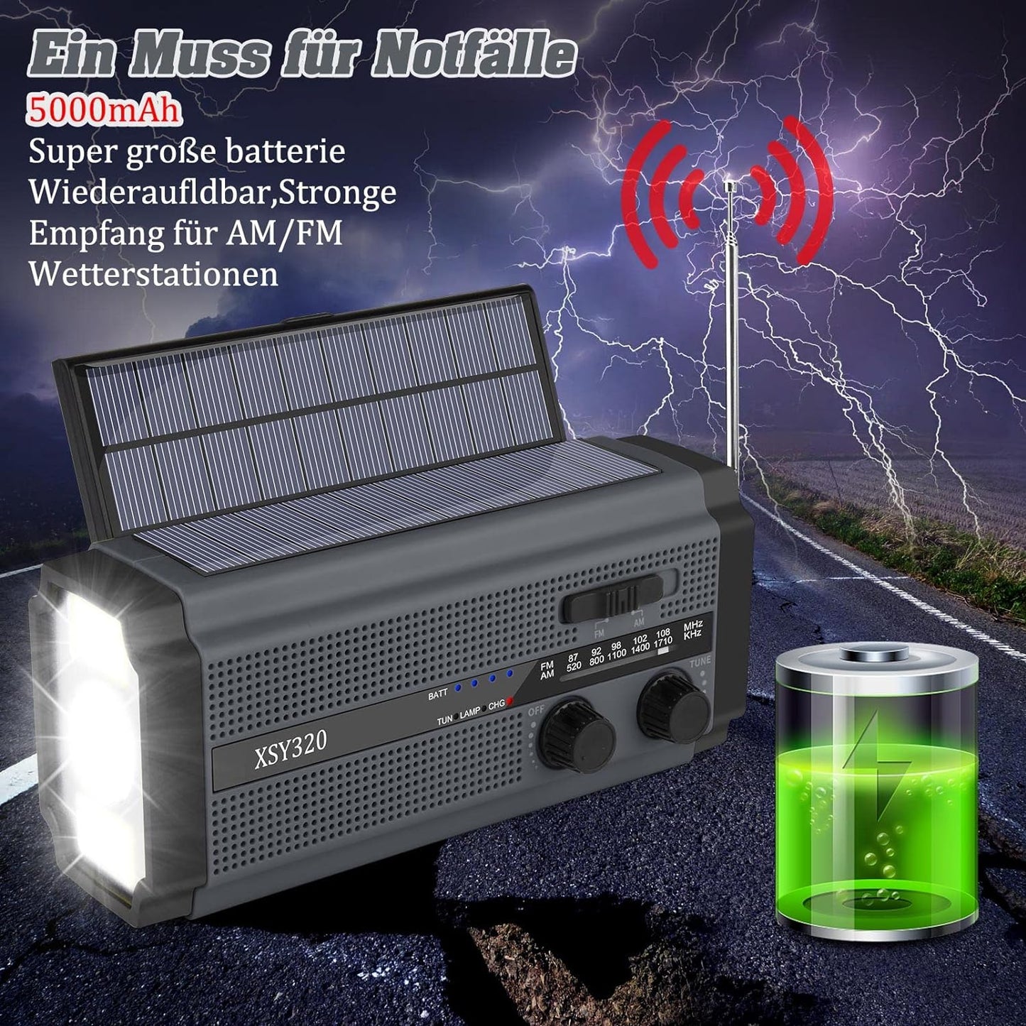 Noodradio met 5.000 mAh Powerbank – Zonne-Energie, Handslinger, Zaklamp en AM/FM Radio – Compact en Draagbaar
