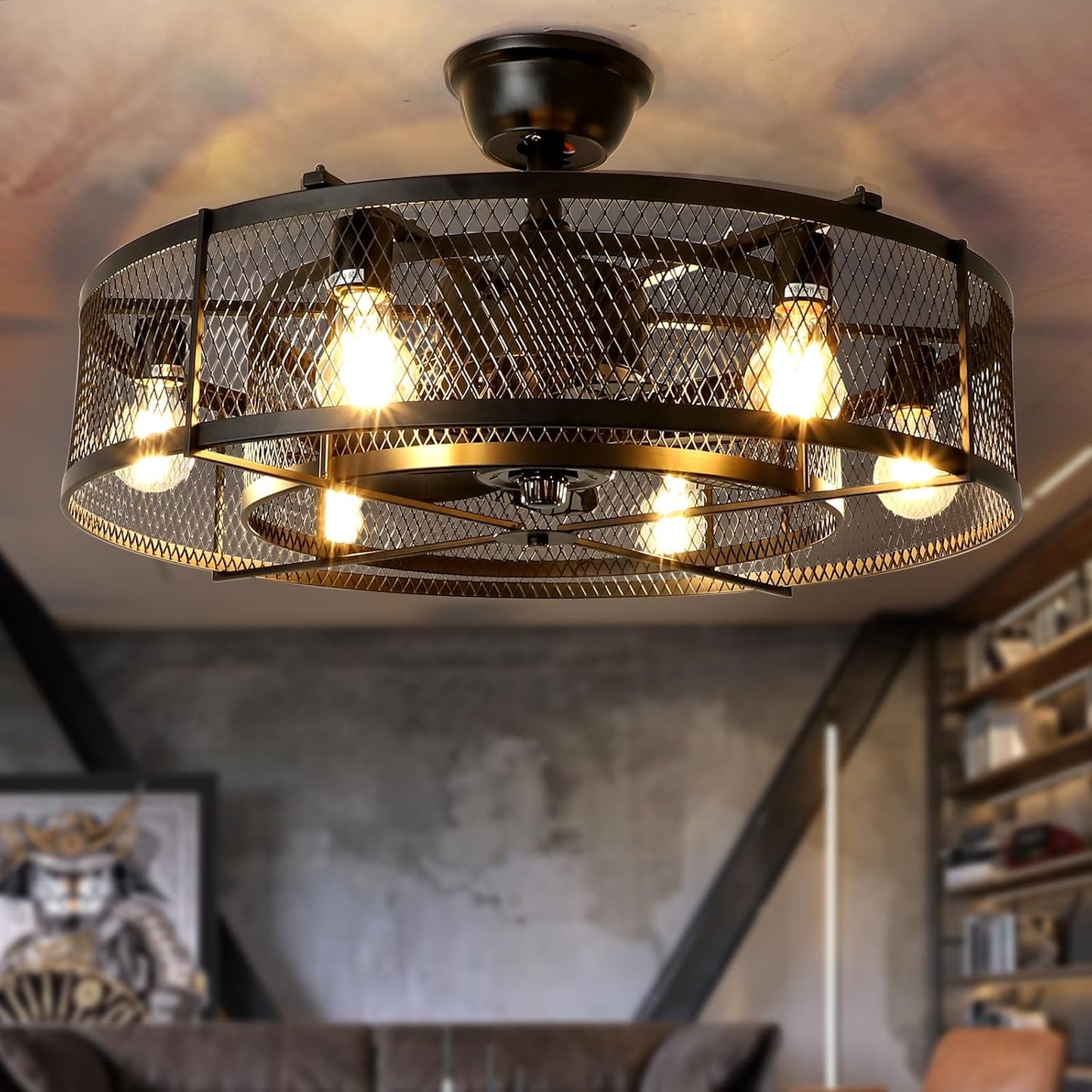 Industriële Plafondventilator met Lamp – 26” – Mat Zwart – Kooi-Design – 6 Snelheden – Stille DC Motor – Afstandsbediening
