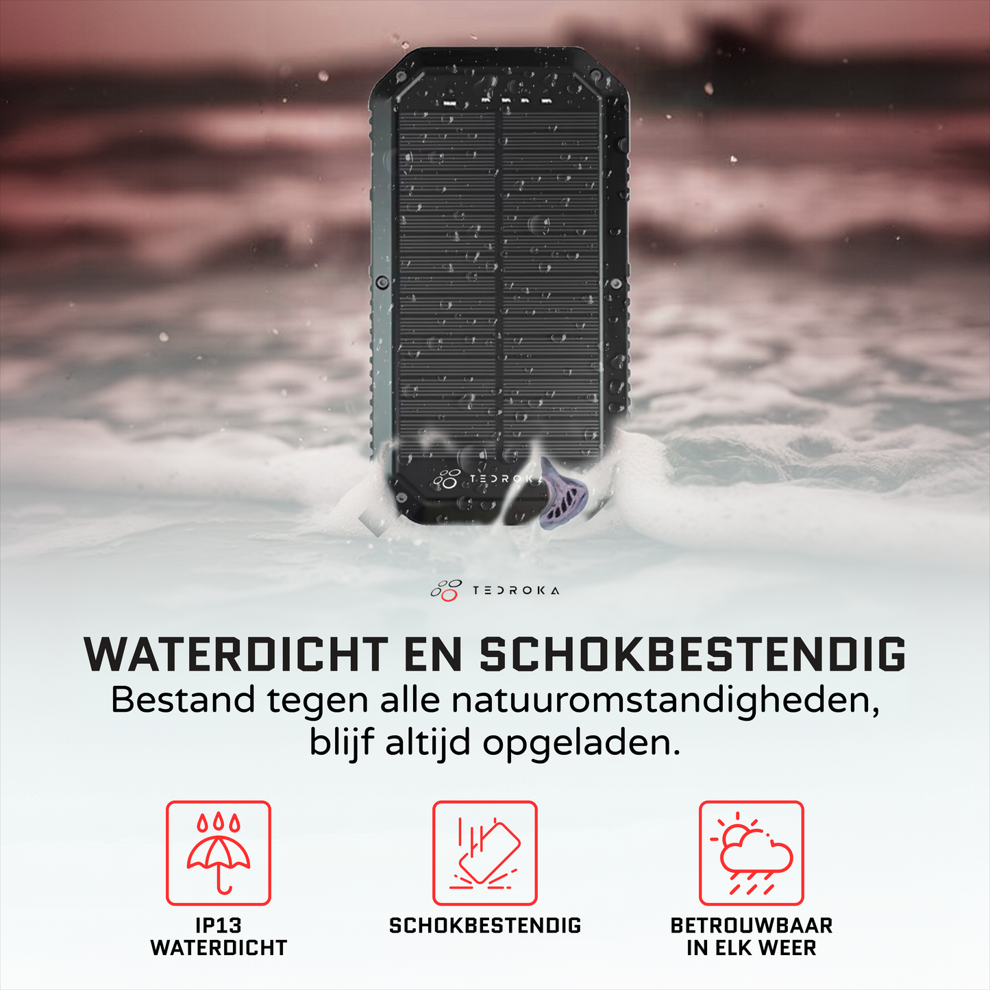 10.000 mAh Zonne-Energie Powerbank – Draadloos Opladen, Quick Charge, Waterbestendig en Zaklamp