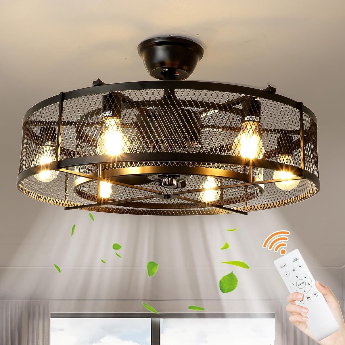 Industriële Plafondventilator met Lamp – 26” – Mat Zwart – Kooi-Design – 6 Snelheden – Stille DC Motor – Afstandsbediening