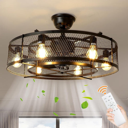 Industriële Plafondventilator met Lamp – 26” – Mat Zwart – Kooi-Design – 6 Snelheden – Stille DC Motor – Afstandsbediening