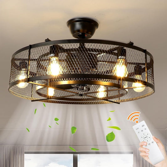 Industriële Plafondventilator met Lamp – 26” – Mat Zwart – Kooi-Design – 6 Snelheden – Stille DC Motor – Afstandsbediening
