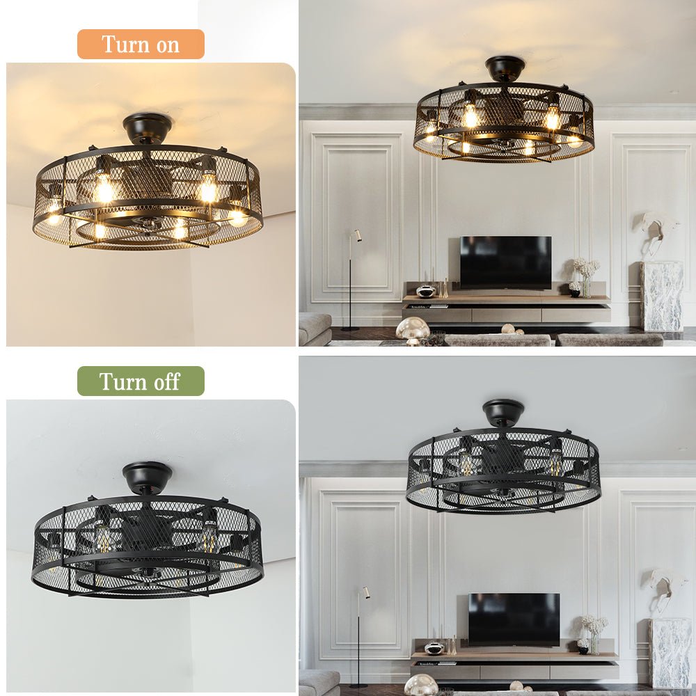 Industriële Plafondventilator met Lamp – 26” – Mat Zwart – Kooi-Design – 6 Snelheden – Stille DC Motor – Afstandsbediening