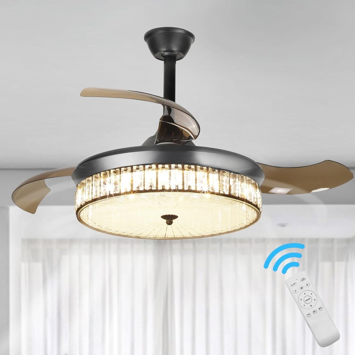 Plafondventilator Depuley 42” – Kristallen Kroonluchter – Inklapbare Bladen – LED – Dimbaar – Stille DC Motor – Afstandsbediening