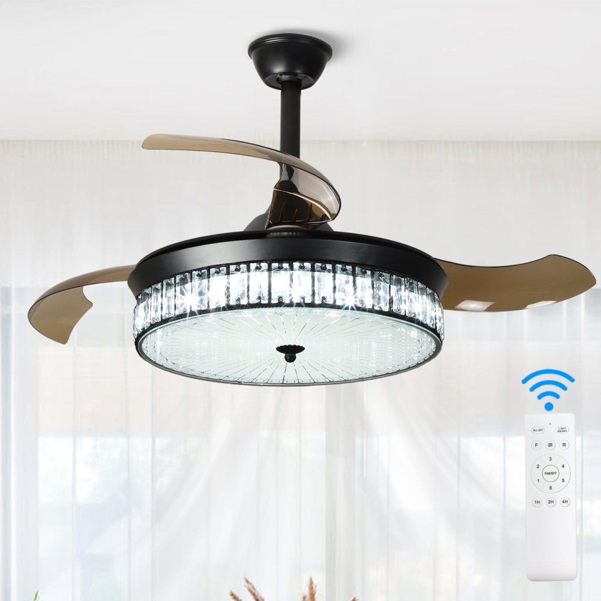 Plafondventilator Depuley 42” – Kristallen Kroonluchter – Inklapbare Bladen – LED – Dimbaar – Stille DC Motor – Afstandsbediening