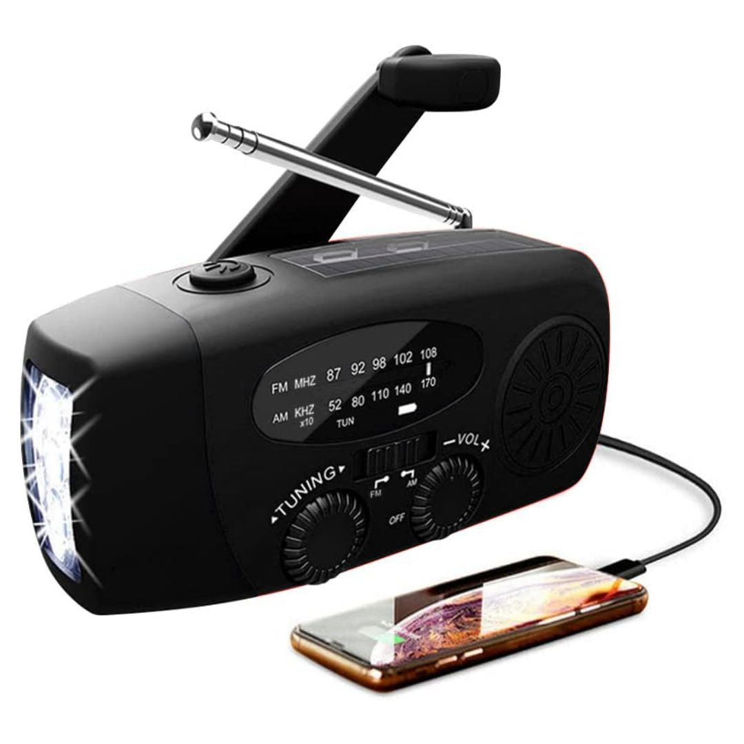 Noodradio met Zaklamp en Powerbank – Zonnepaneel, Zwengel en USB-Opladen – 2025 Model