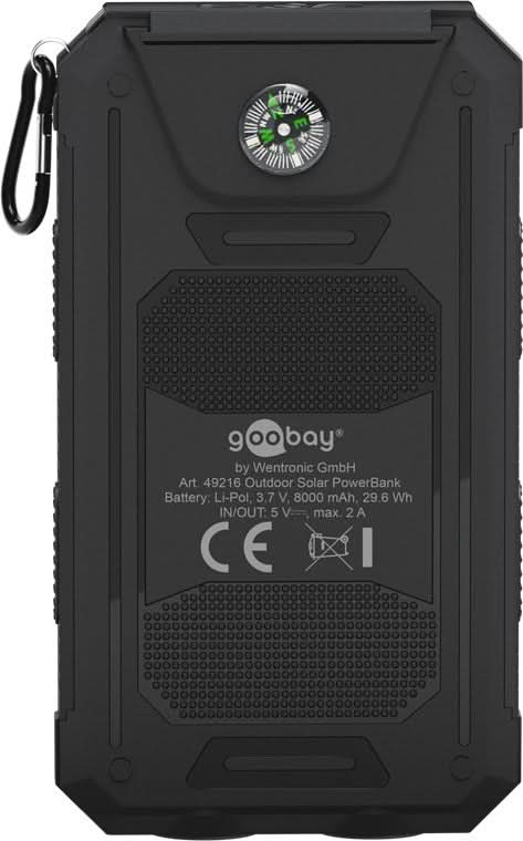 Goobay 8.000 mAh Solar Powerbank – Powerbank op Zonne Energie – 2x USB-A – Zaklamp – IP44 Spatwaterdicht