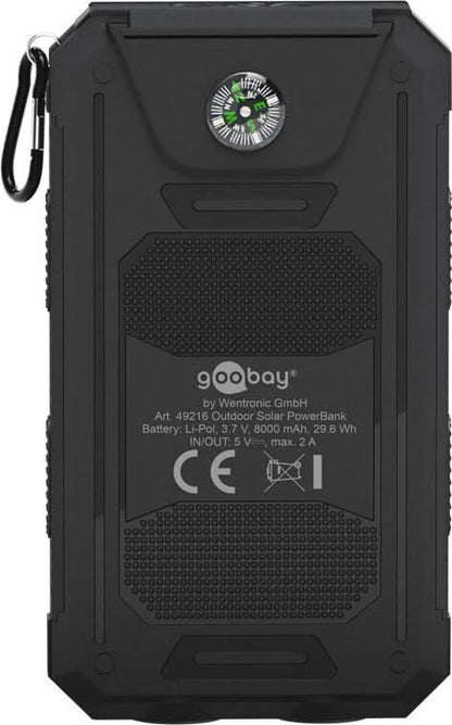 Goobay 8.000 mAh Solar Powerbank – Powerbank op Zonne Energie – 2x USB-A – Zaklamp – IP44 Spatwaterdicht