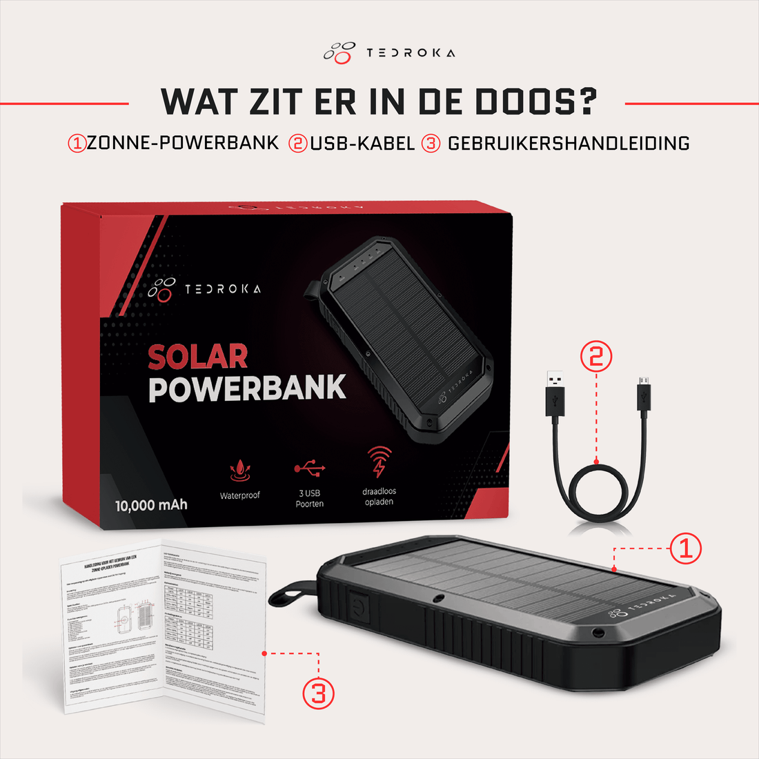 10.000 mAh Zonne-Energie Powerbank – Draadloos Opladen, Quick Charge, Waterbestendig en Zaklamp