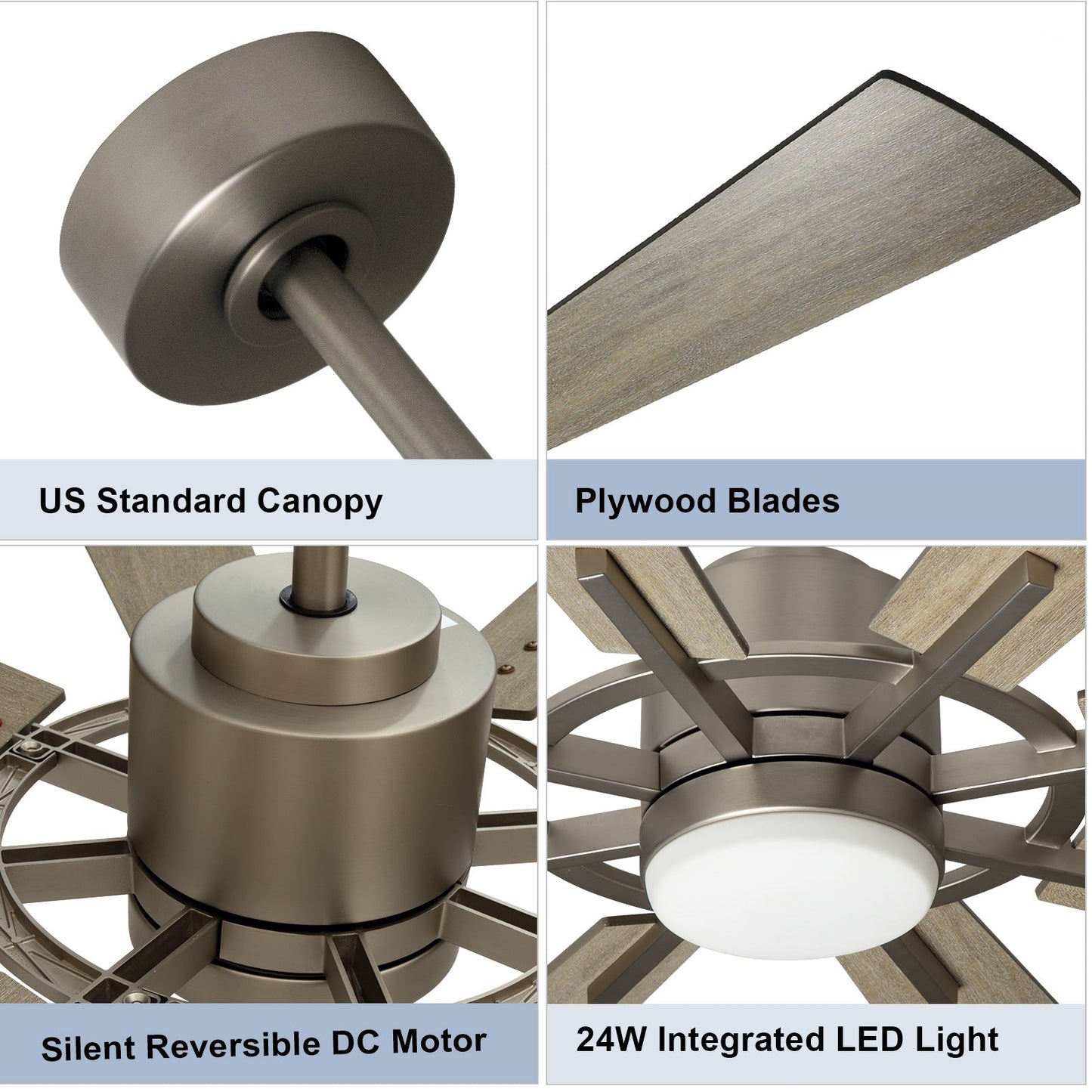 Plafondventilator Depuley 60” – Met Lamp – Geborsteld Nikkel & Grijs – 8 Bladen – Dimbaar – Stille DC Motor – Afstandsbediening en App