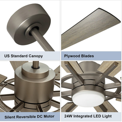 Plafondventilator Depuley 60” – Met Lamp – Geborsteld Nikkel & Grijs – 8 Bladen – Dimbaar – Stille DC Motor – Afstandsbediening en App