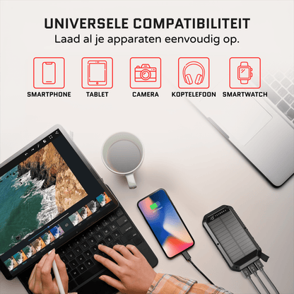 10.000 mAh Zonne-Energie Powerbank – Draadloos Opladen, Quick Charge, Waterbestendig en Zaklamp