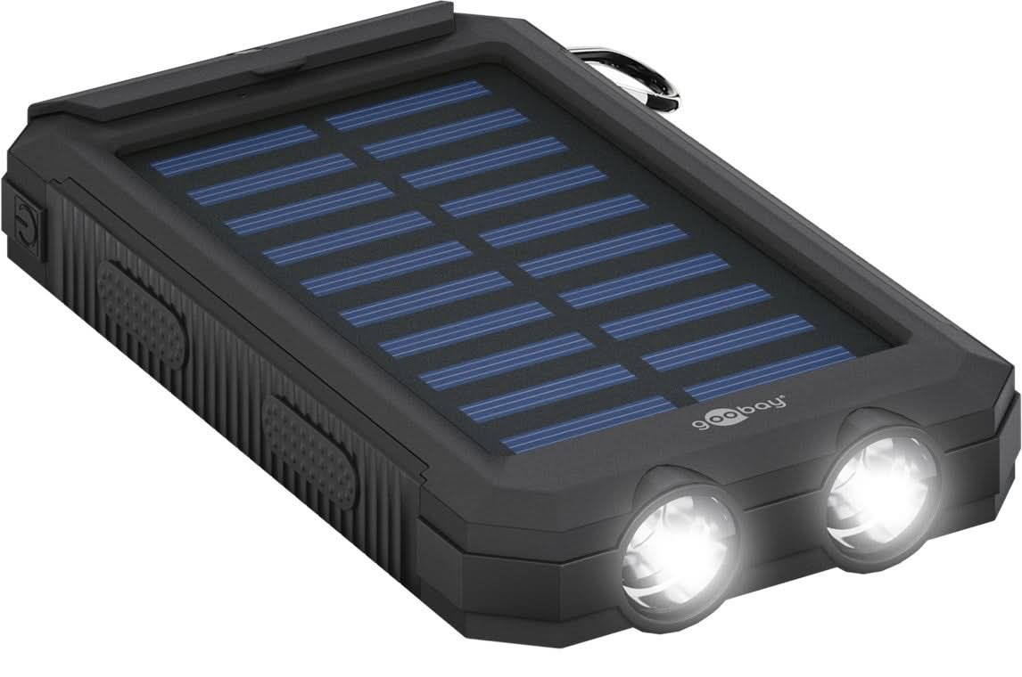 Goobay 8.000 mAh Solar Powerbank – Powerbank op Zonne Energie – 2x USB-A – Zaklamp – IP44 Spatwaterdicht