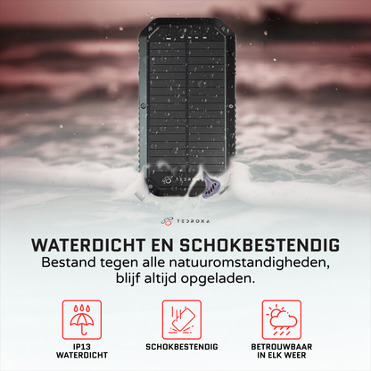 10.000 mAh Zonne-Energie Powerbank – Draadloos Opladen, Quick Charge, Waterbestendig en Zaklamp