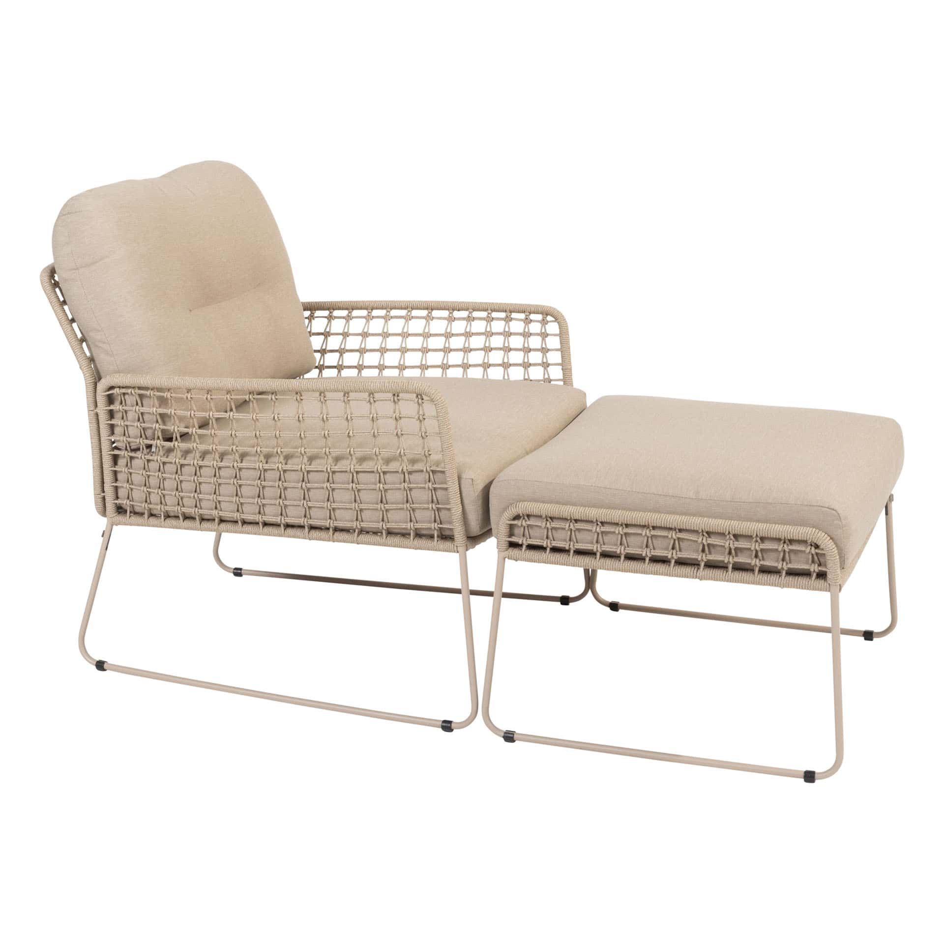 Albano Lounge Stoel – Zandkleurig Rope en RVS Frame – Inclusief Kussens