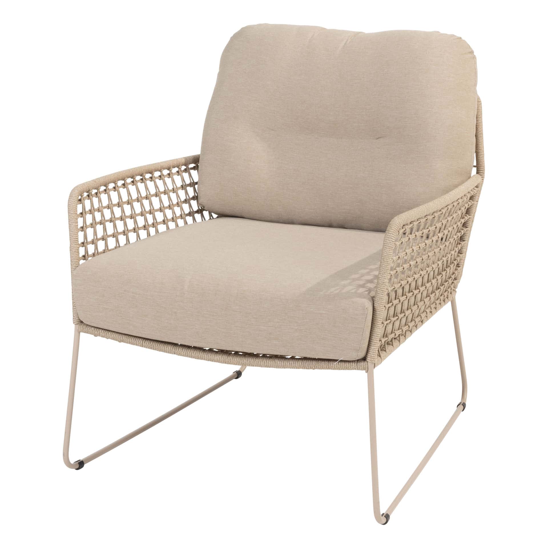 Albano Lounge Stoel – Zandkleurig Rope en RVS Frame – Inclusief Kussens
