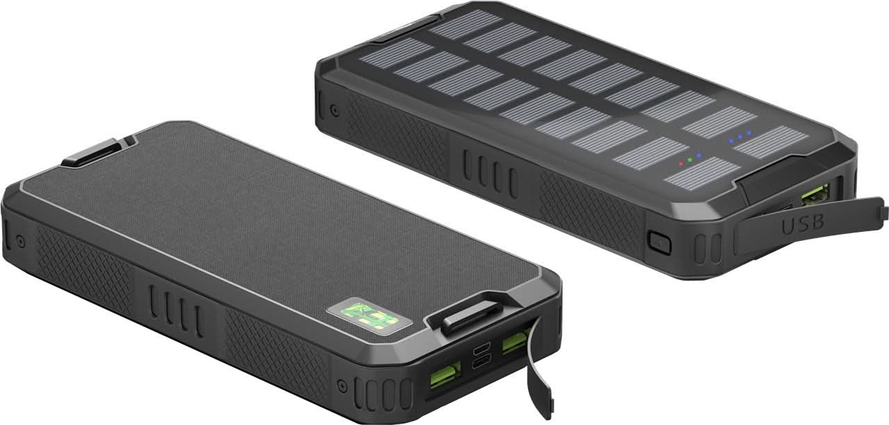 Goobay 20.000 mAh Solar Powerbank – Powerbank op Zonne Energie – USB-C + 2x USB-A – QuickCharge 3.0 & PD – Zaklamp – IP44 Spatwaterdicht