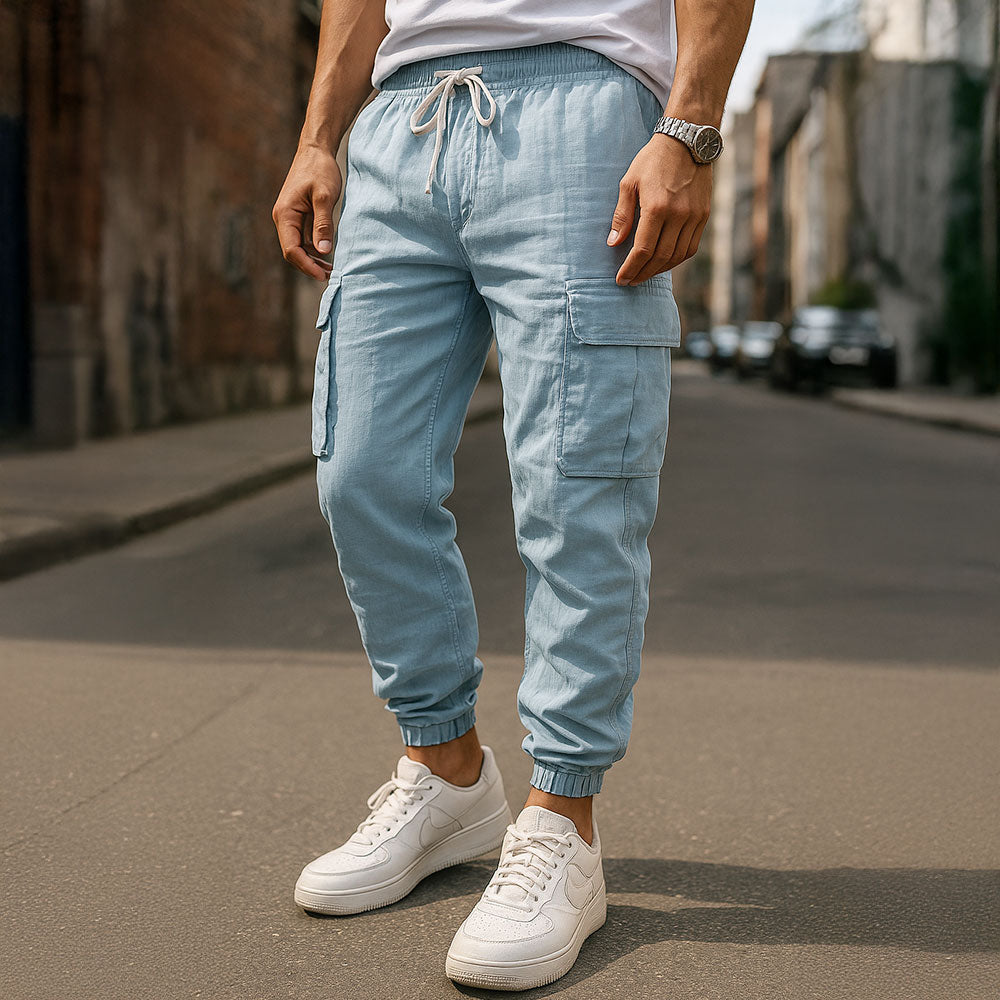 Linen Fit Cargo Joggers Heren – Linnen Broek met Cargozakken, Comfortabel & Stijlvol