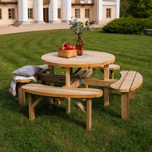 Ronde Picknicktafel XXL – Ø195 cm – Robuust, Weerbestendig en Onderhoudsvrij