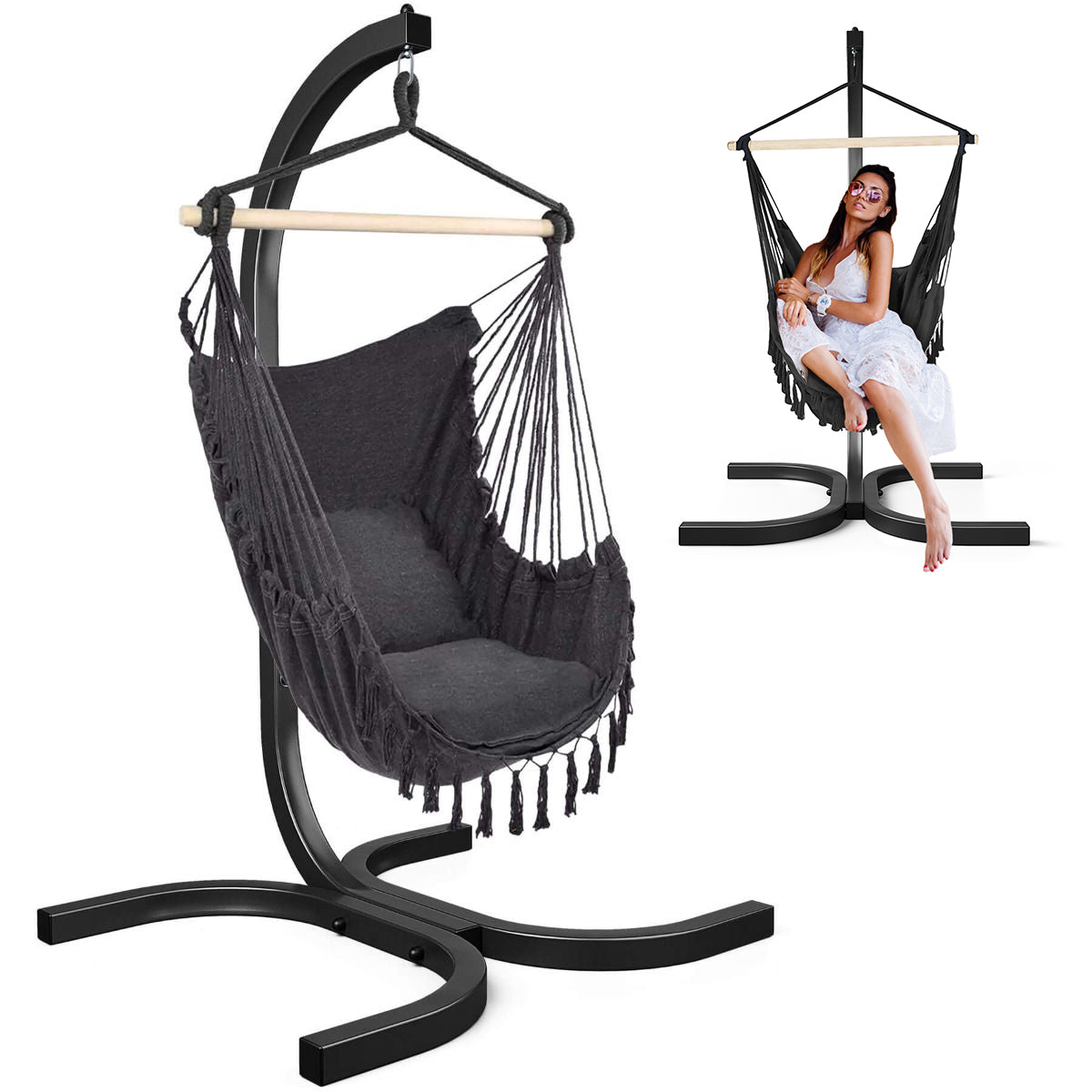 Hangstoel met Standaard – Zwart – Comfortabele Hangstoel voor Binnen en Buiten