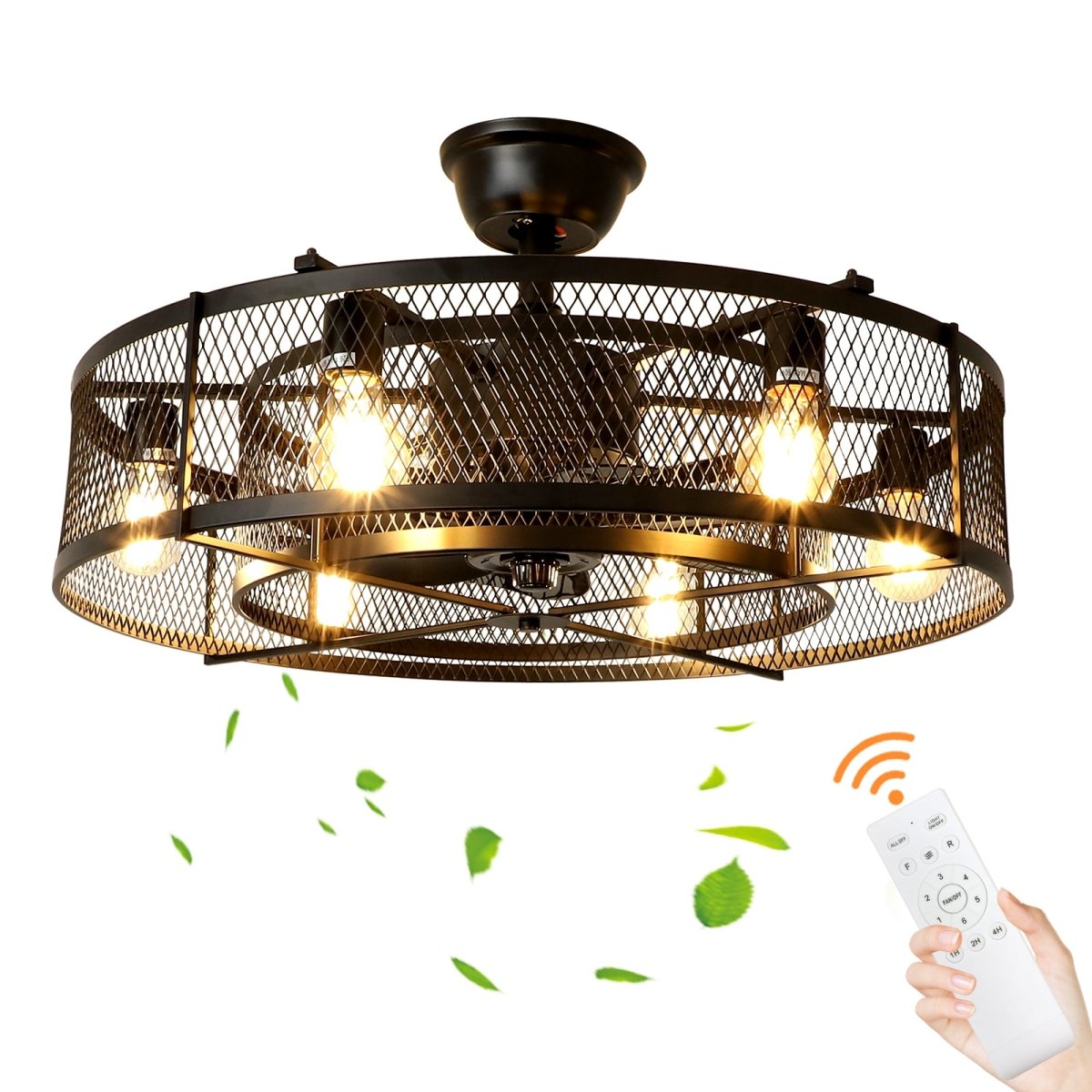 Industriële Plafondventilator met Lamp – 26” – Mat Zwart – Kooi-Design – 6 Snelheden – Stille DC Motor – Afstandsbediening