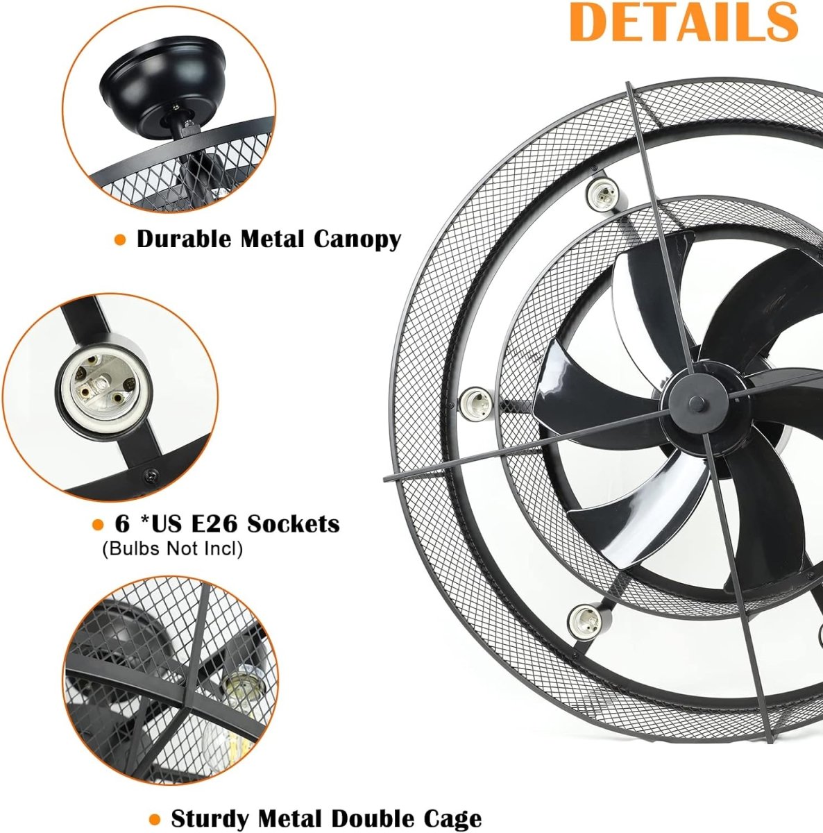 Industriële Plafondventilator met Lamp – 26” – Mat Zwart – Kooi-Design – 6 Snelheden – Stille DC Motor – Afstandsbediening