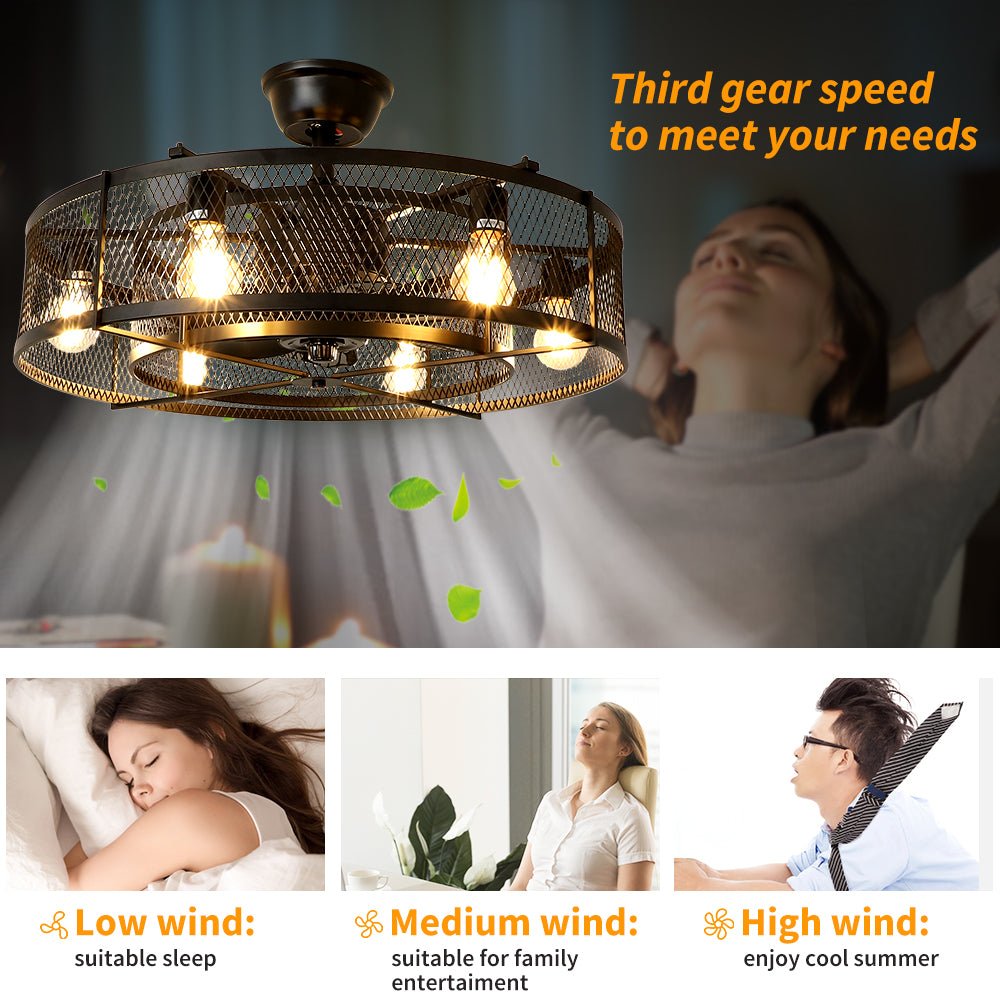 Industriële Plafondventilator met Lamp – 26” – Mat Zwart – Kooi-Design – 6 Snelheden – Stille DC Motor – Afstandsbediening