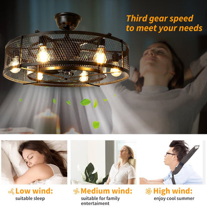 Industriële Plafondventilator met Lamp – 26” – Mat Zwart – Kooi-Design – 6 Snelheden – Stille DC Motor – Afstandsbediening