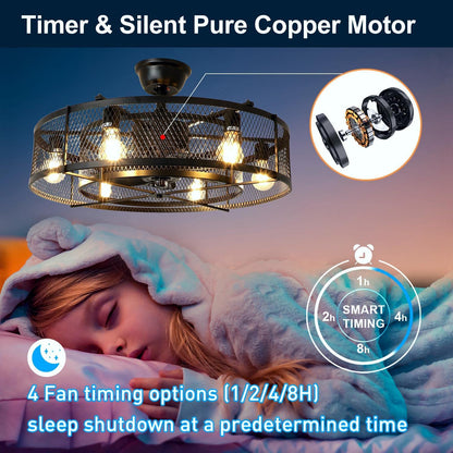 Industriële Plafondventilator met Lamp – 26” – Mat Zwart – Kooi-Design – 6 Snelheden – Stille DC Motor – Afstandsbediening