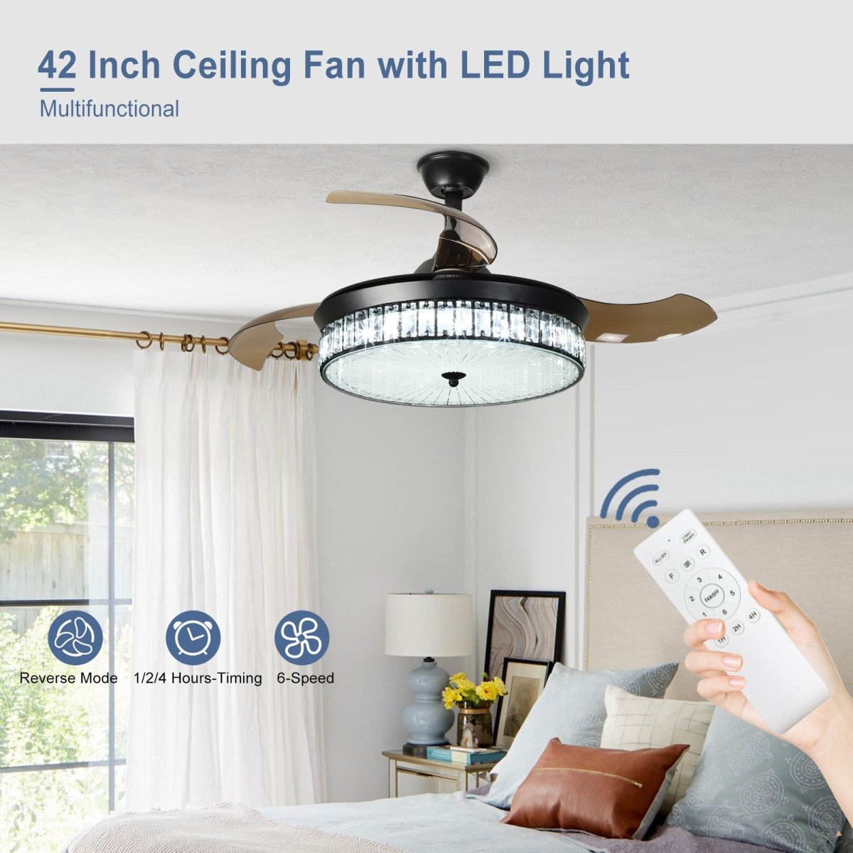 Plafondventilator Depuley 42” – Kristallen Kroonluchter – Inklapbare Bladen – LED – Dimbaar – Stille DC Motor – Afstandsbediening