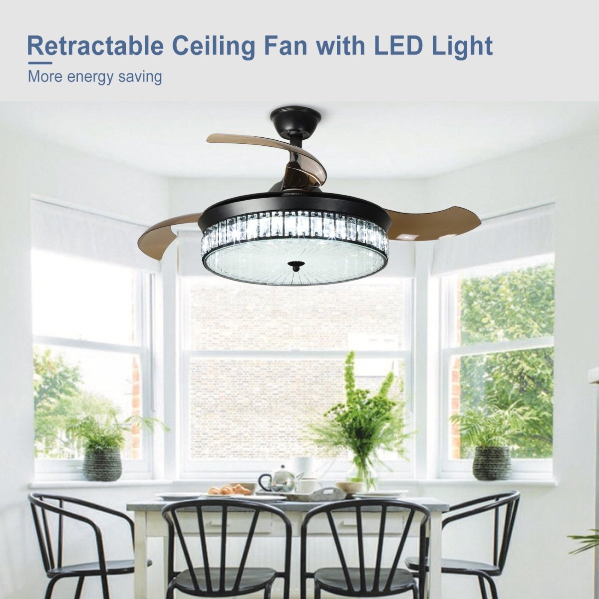 Plafondventilator Depuley 42” – Kristallen Kroonluchter – Inklapbare Bladen – LED – Dimbaar – Stille DC Motor – Afstandsbediening