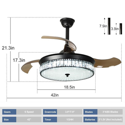 Plafondventilator Depuley 42” – Kristallen Kroonluchter – Inklapbare Bladen – LED – Dimbaar – Stille DC Motor – Afstandsbediening