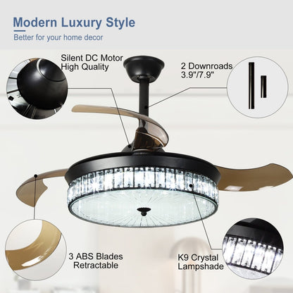 Plafondventilator Depuley 42” – Kristallen Kroonluchter – Inklapbare Bladen – LED – Dimbaar – Stille DC Motor – Afstandsbediening